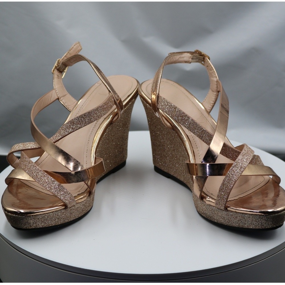 CM Paris Wedge Sandals Womens 7.5 Rose Gold Glitter Strappy Platform Glam Formal